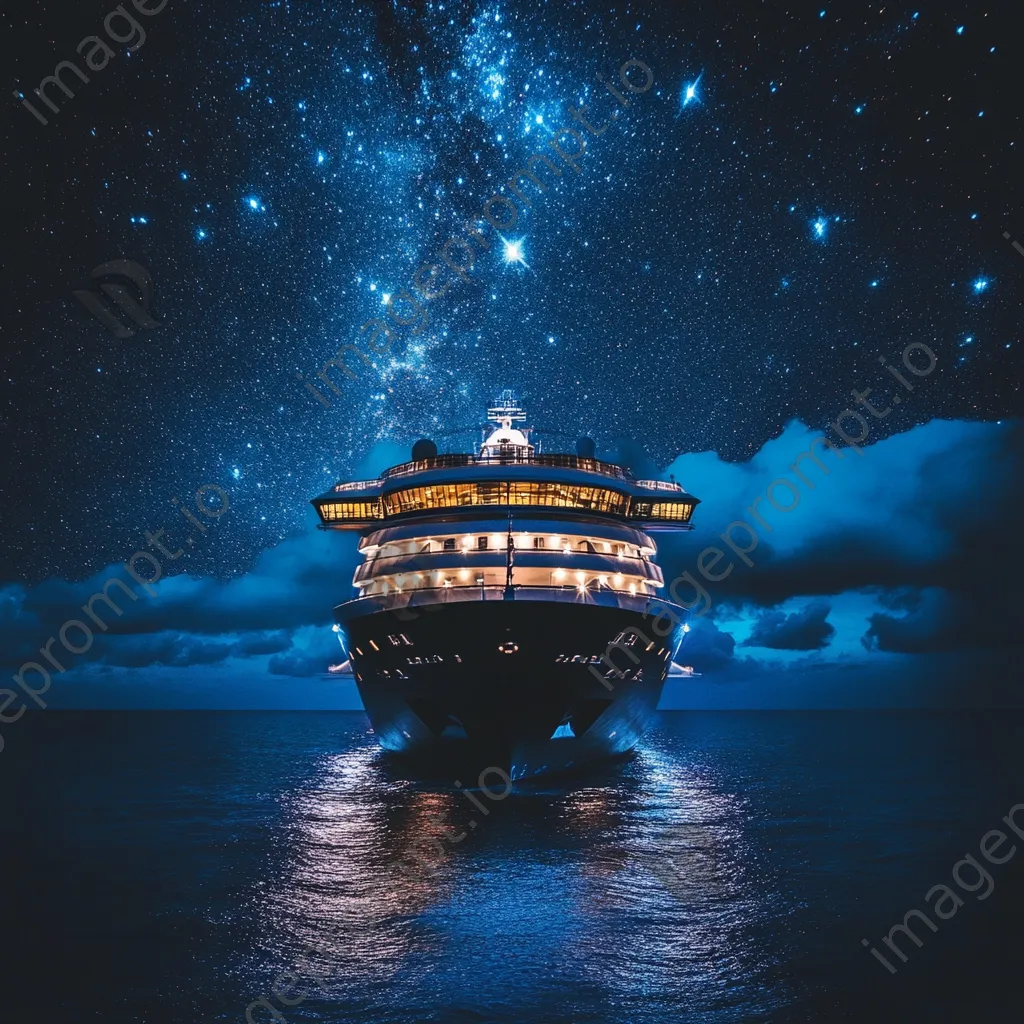 Luxury cruise ship illuminated at night under starry sky. - Image 3