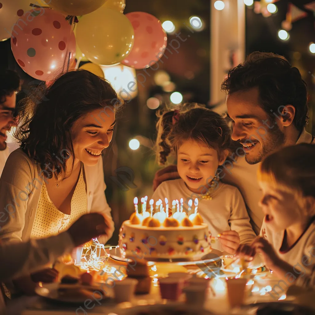 Family celebrating a birthday with decorations and joyful children. - Image 1