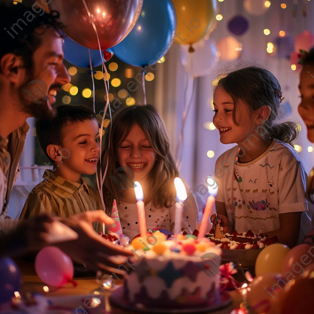 Family celebrating a birthday with decorations and joyful children. - Image 2