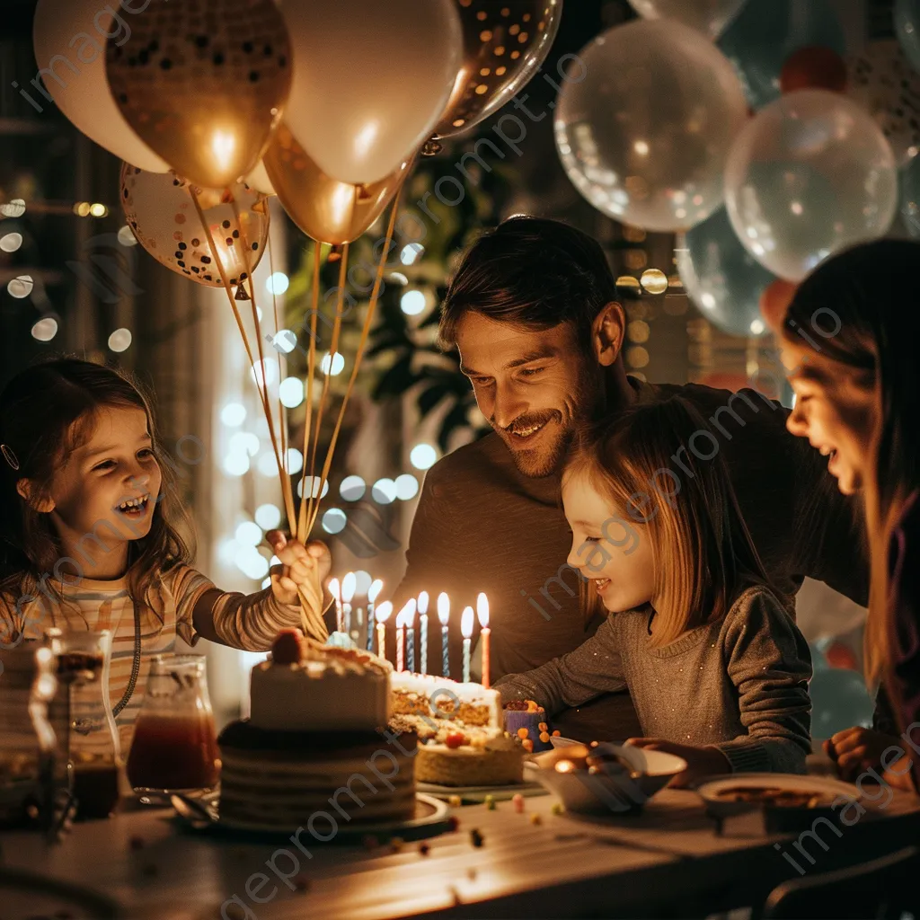 Family celebrating a birthday with decorations and joyful children. - Image 3