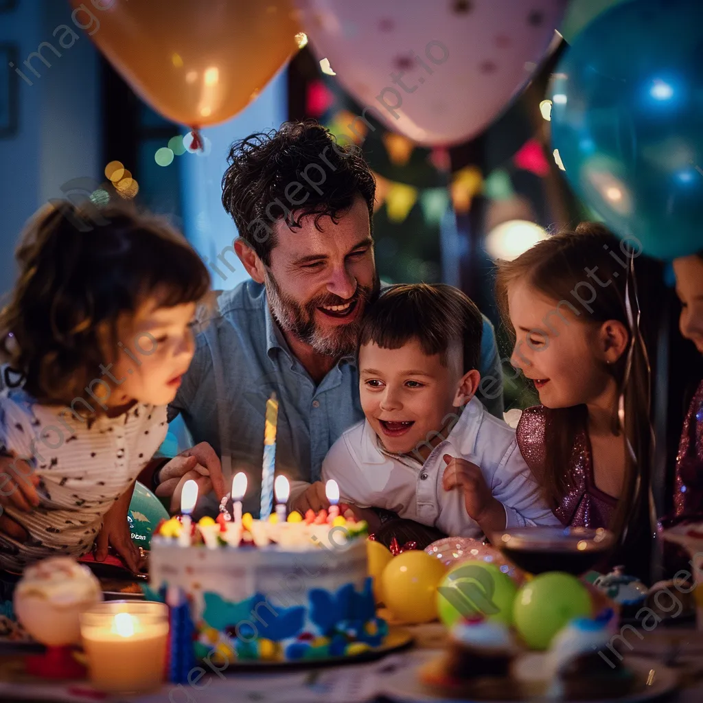 Family celebrating a birthday with decorations and joyful children. - Image 4