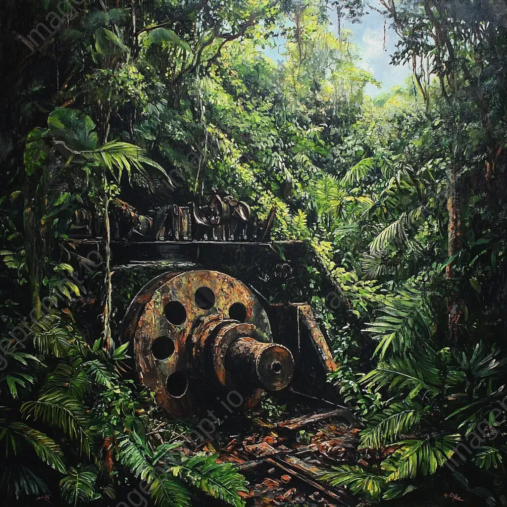 Dramatic acrylic painting depicting ancient machinery engulfed by a dense jungle, influenced by Rousseau