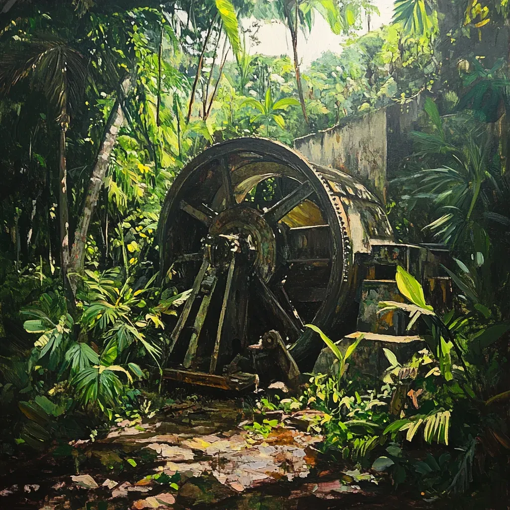 Dramatic acrylic painting depicting ancient machinery engulfed by a dense jungle, influenced by Rousseau