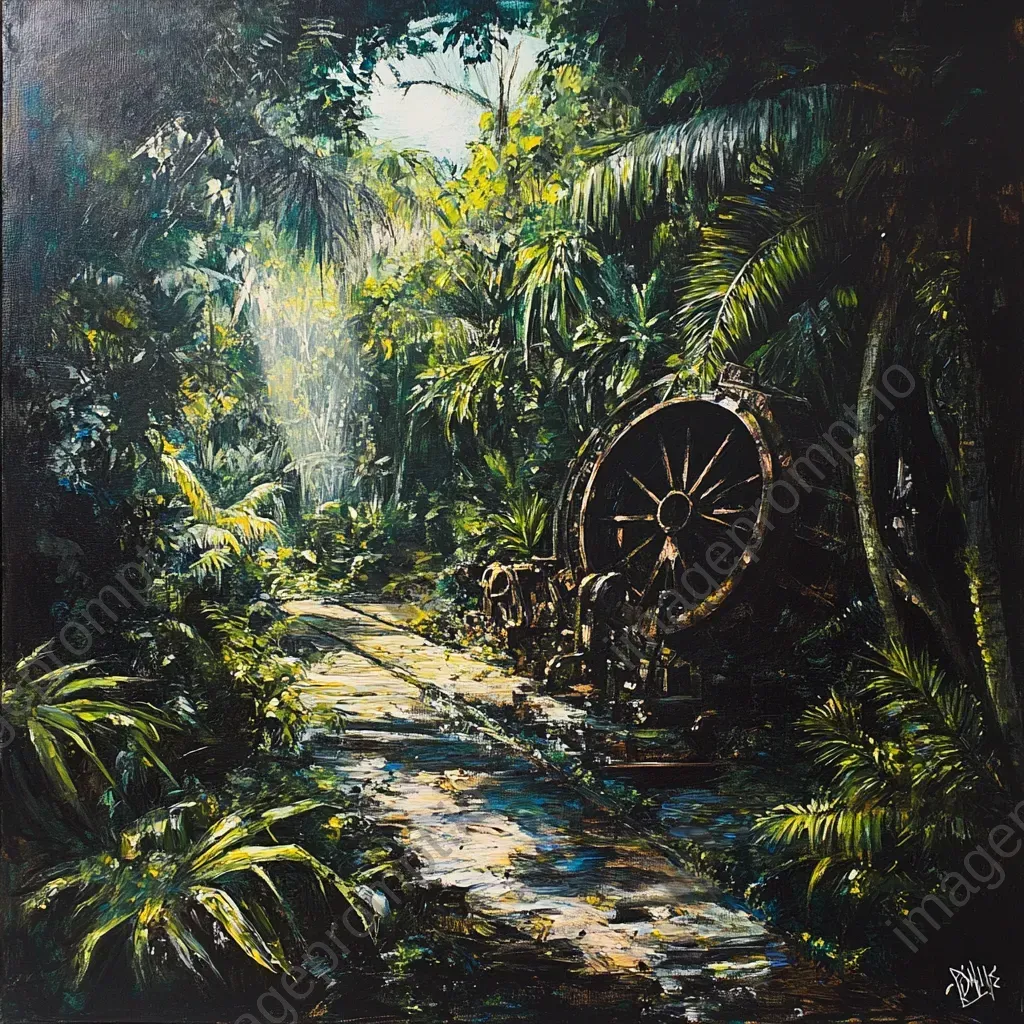 Dramatic acrylic painting depicting ancient machinery engulfed by a dense jungle, influenced by Rousseau