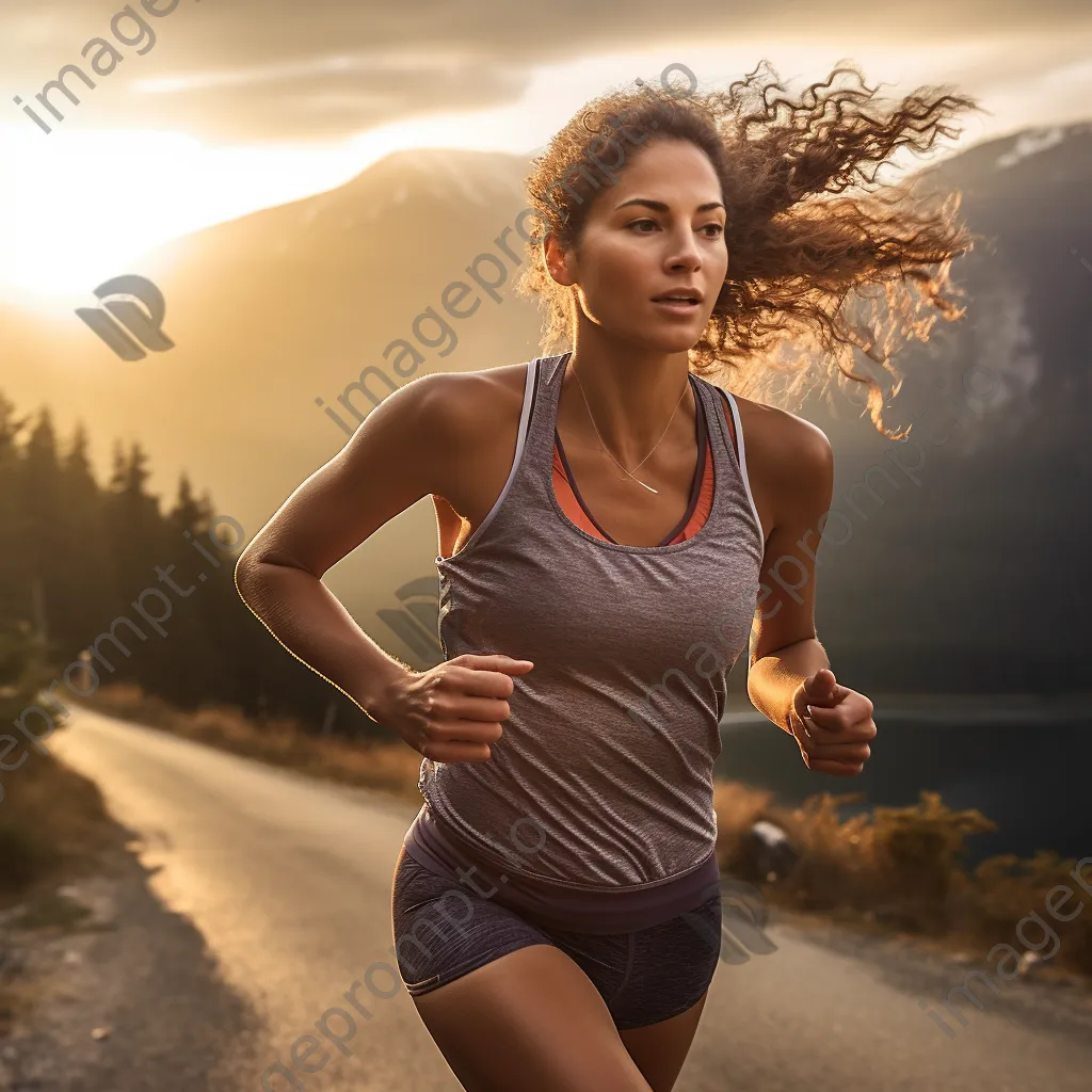 Female runner sprinting on a scenic trail at sunrise. - Image 1