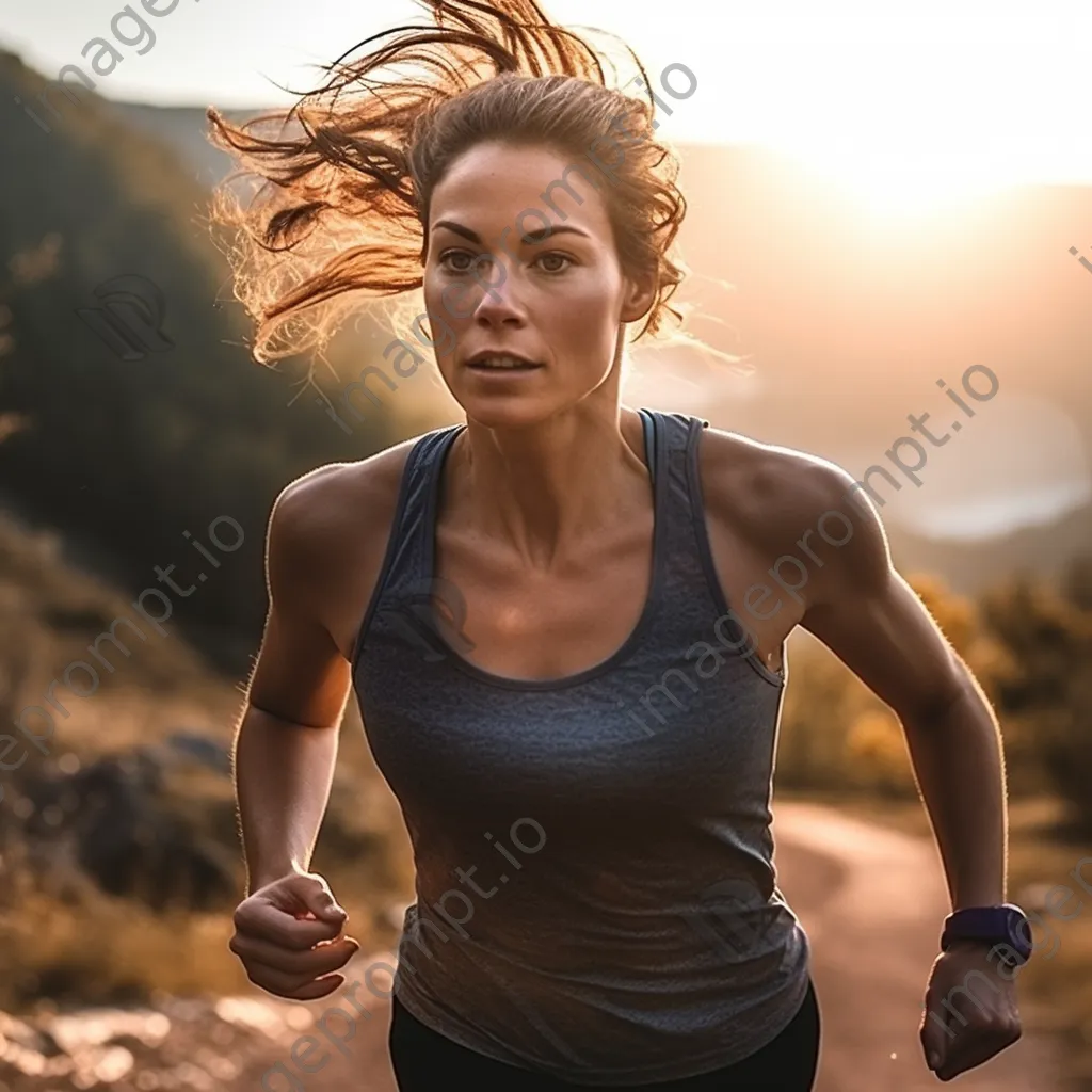 Female runner sprinting on a scenic trail at sunrise. - Image 2