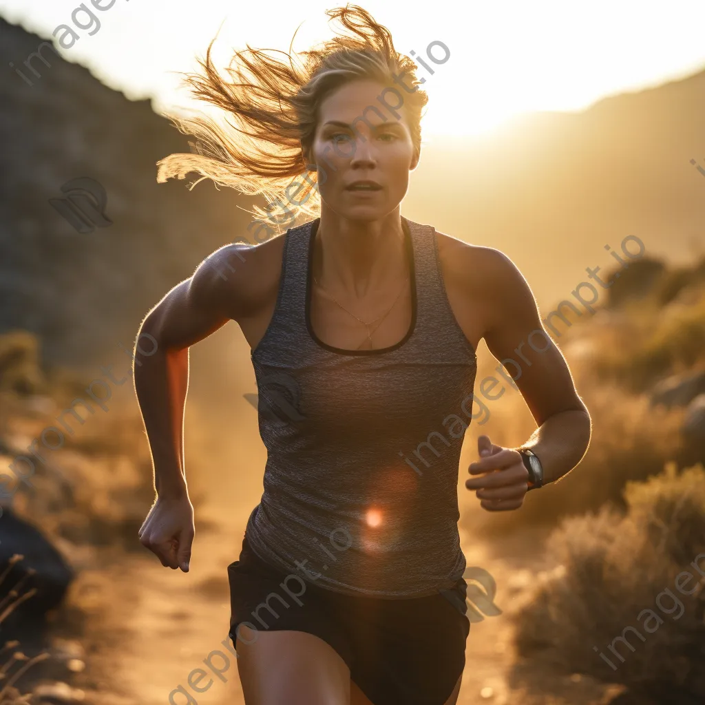 Female runner sprinting on a scenic trail at sunrise. - Image 3