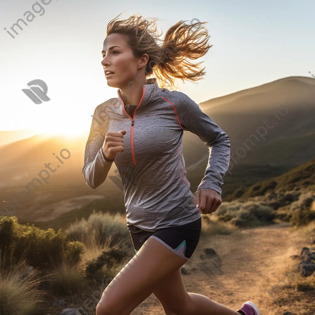 Female runner sprinting on a scenic trail at sunrise. - Image 4