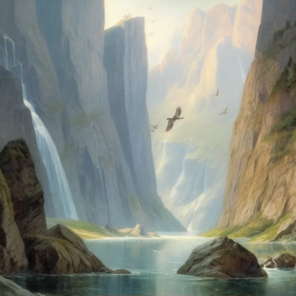 Image of a majestic fjord with soaring eagles and cascading waterfalls - Image 1