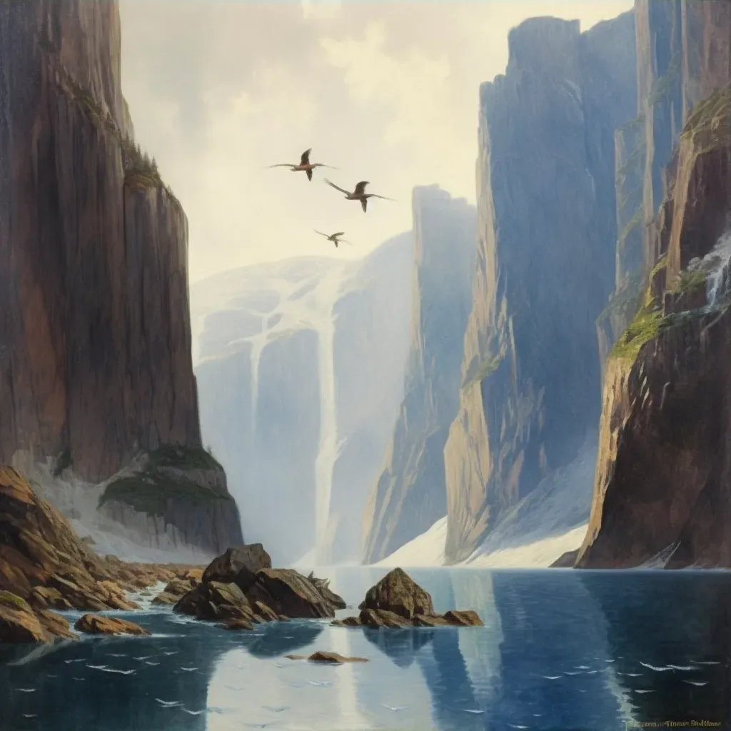 Image of a majestic fjord with soaring eagles and cascading waterfalls - Image 3