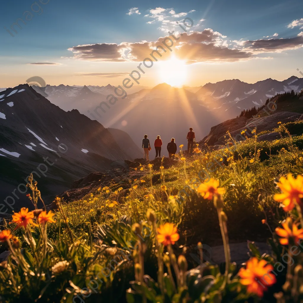 Hikers enjoying wildflowers and mountain views - Image 1