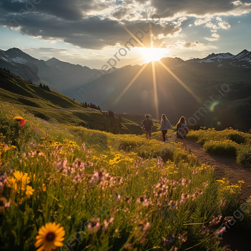 Hikers enjoying wildflowers and mountain views - Image 2