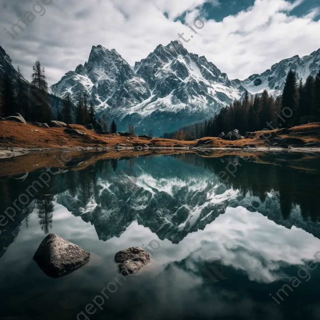 Mountain lake with reflections in black and white high contrast - Image 1