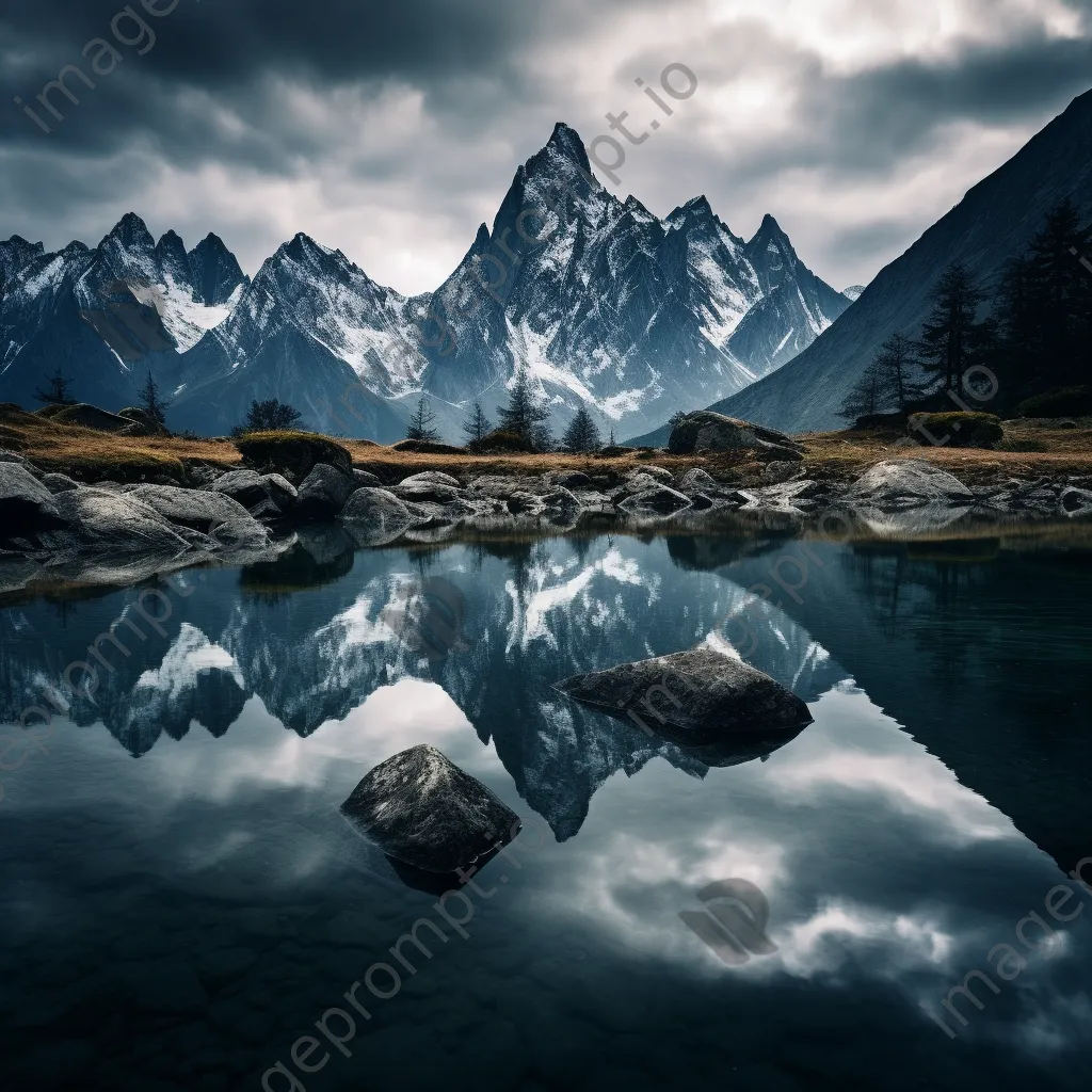 Mountain lake with reflections in black and white high contrast - Image 2