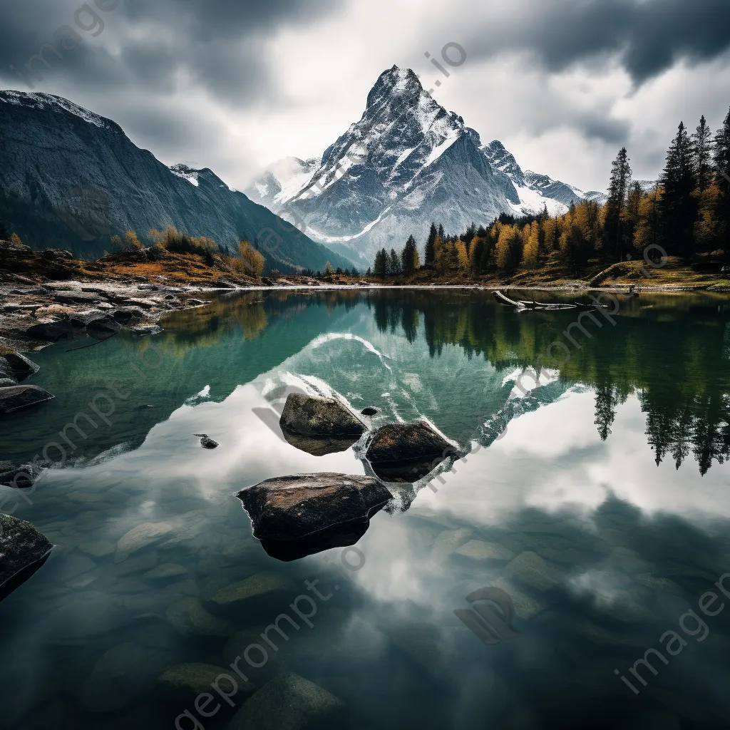 Mountain lake with reflections in black and white high contrast - Image 4