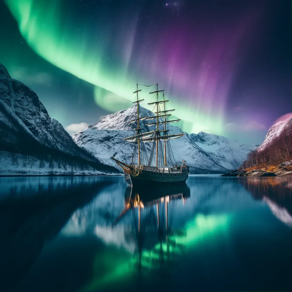 Viking longship sailing through a fjord under the northern lights - Image 1