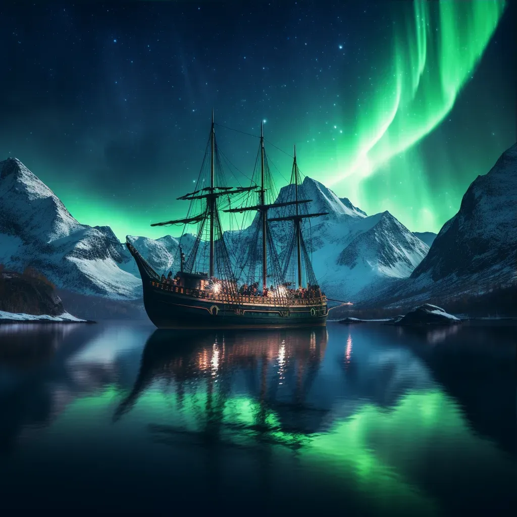 Viking longship sailing through a fjord under the northern lights - Image 3