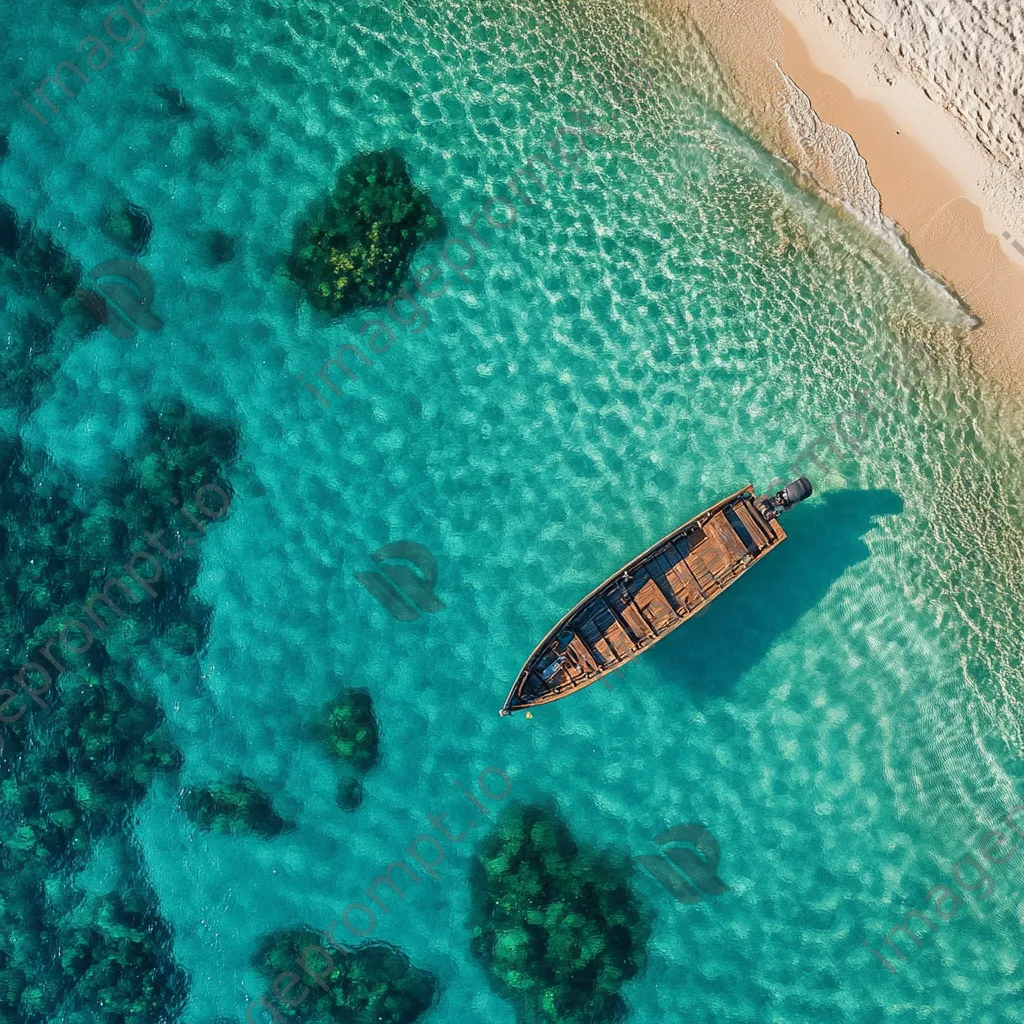 Aerial view of traditional pearl diving boat near beach - Image 1