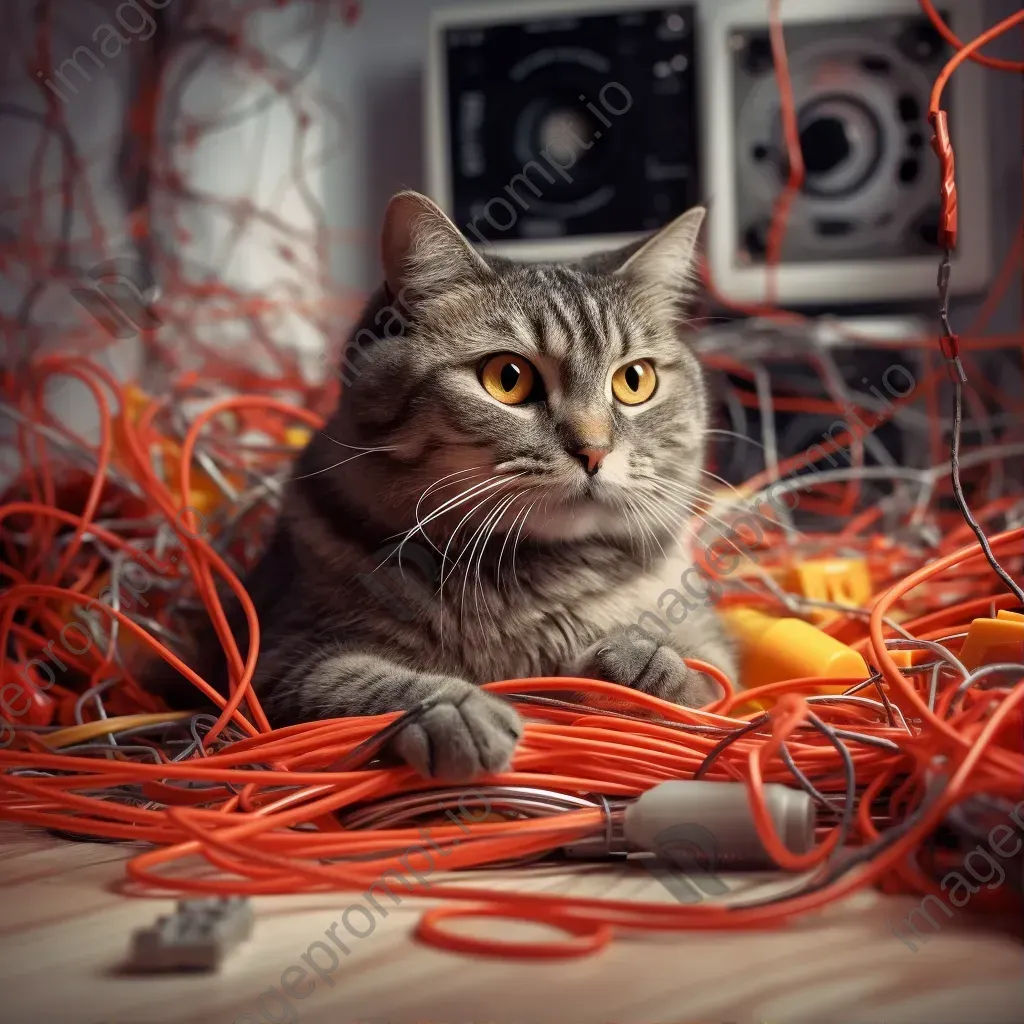 Playful cat tangled in digital wires with 