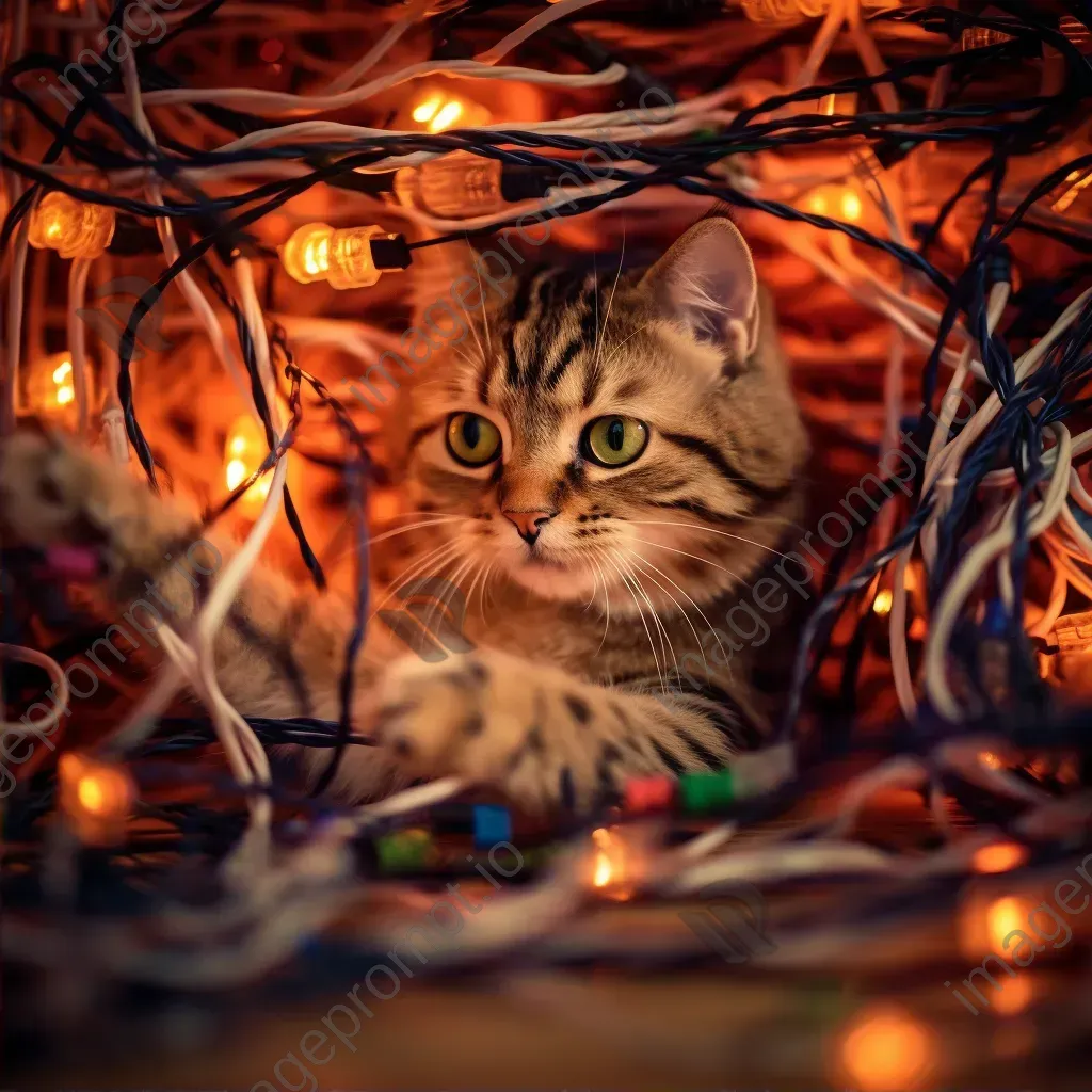 Playful cat tangled in digital wires with 