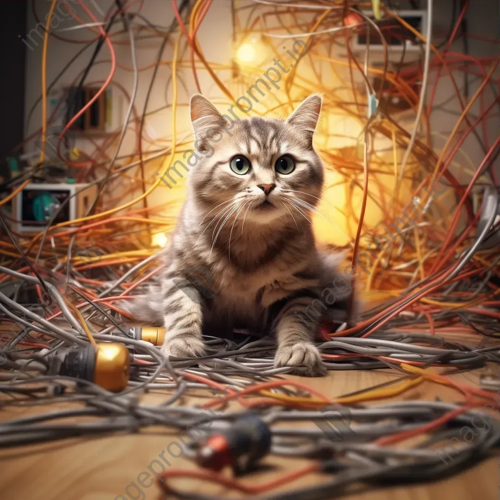 Playful cat tangled in digital wires with 