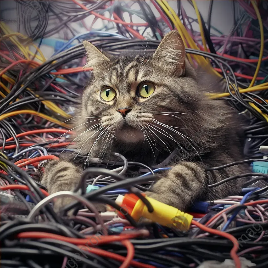 Playful cat tangled in digital wires with 