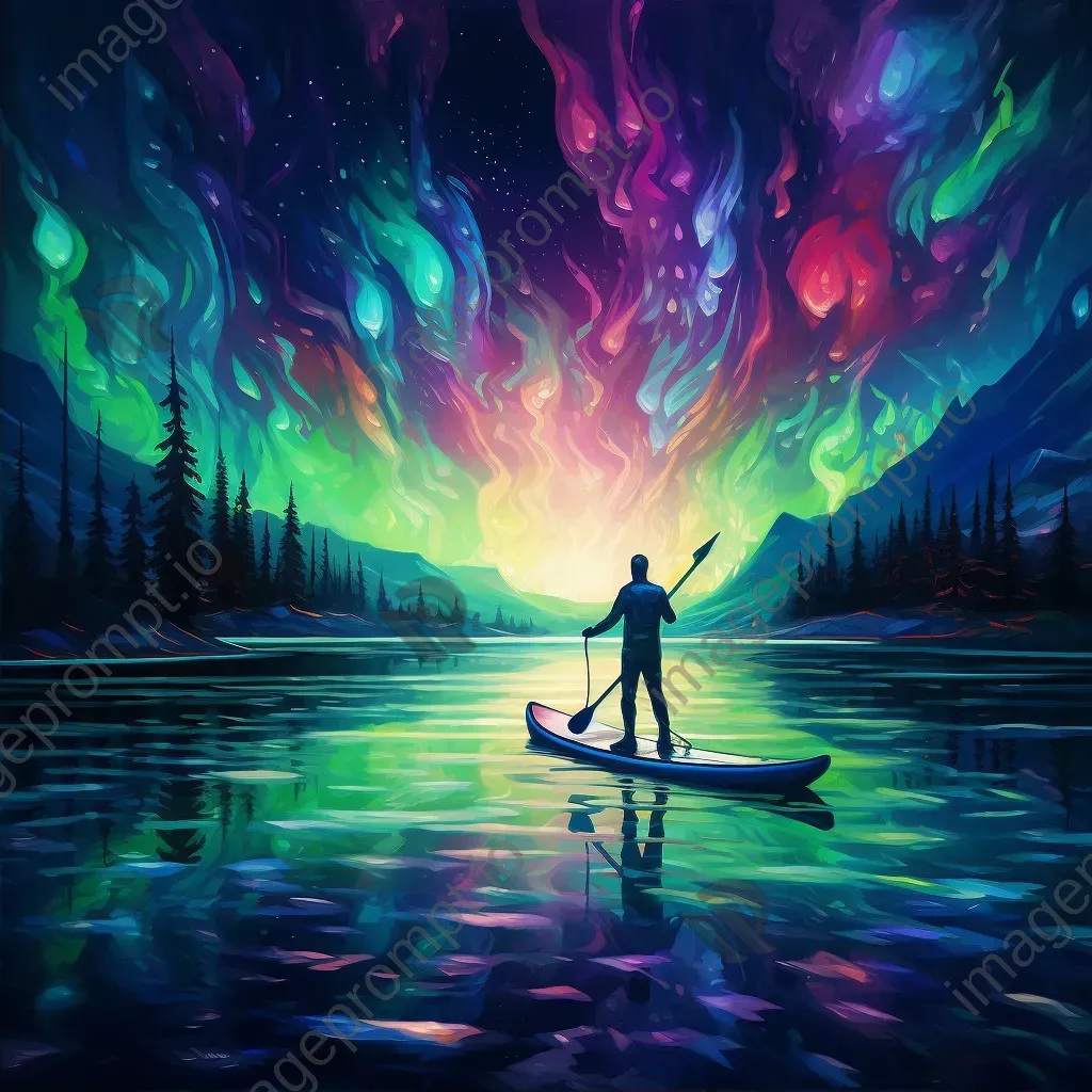 Paddleboarder under the Northern Lights painted with a neon digital palette - Image 2