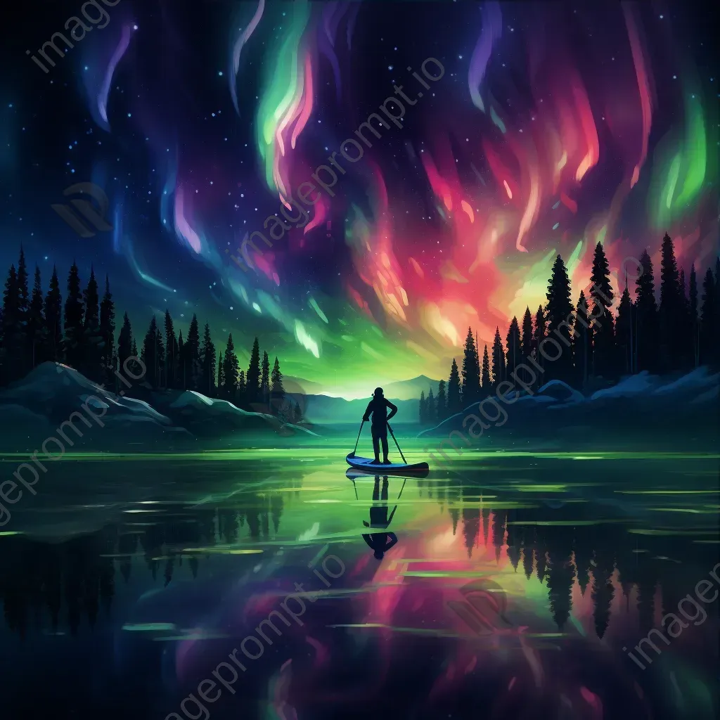 Paddleboarder under the Northern Lights painted with a neon digital palette - Image 3