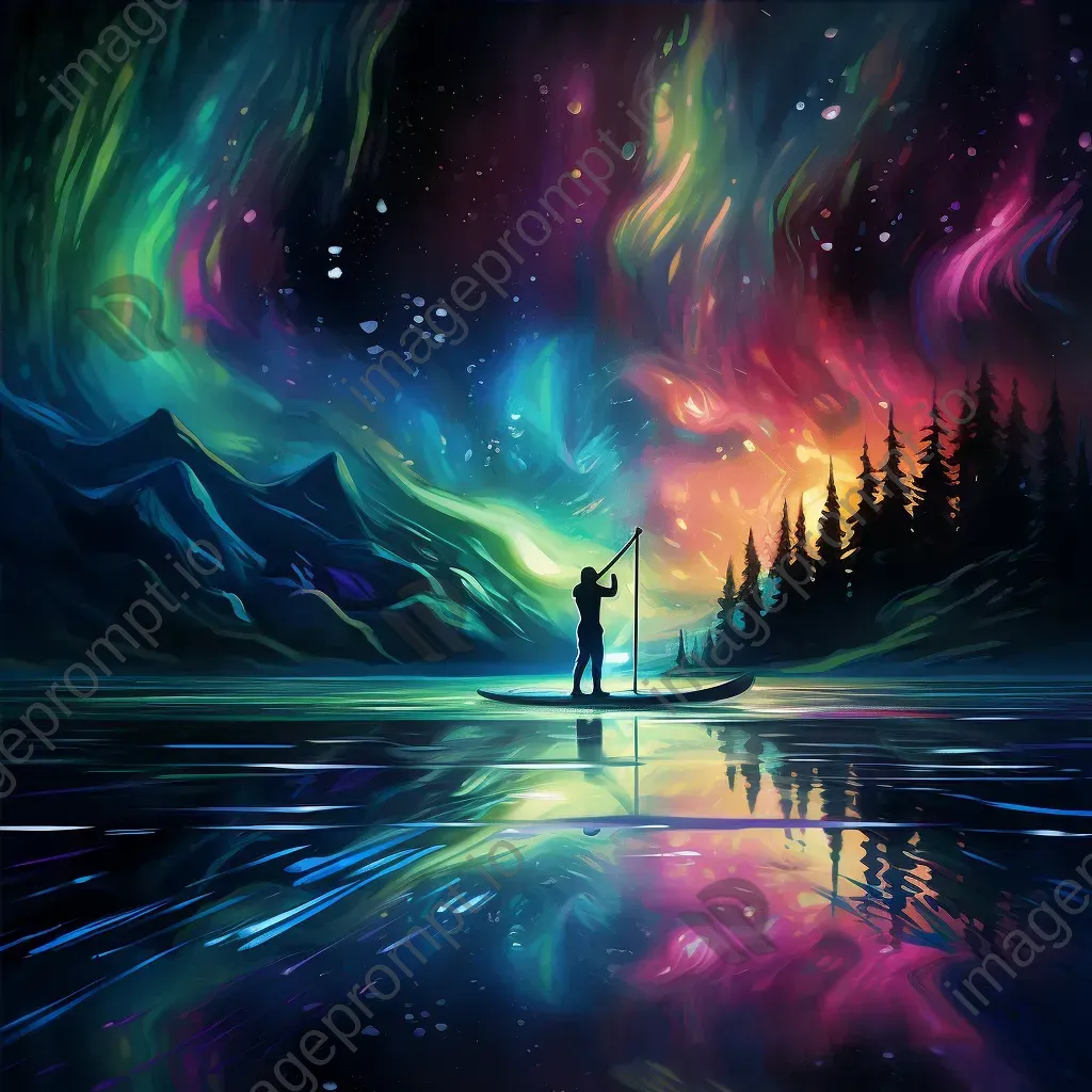 Paddleboarder under the Northern Lights painted with a neon digital palette - Image 4