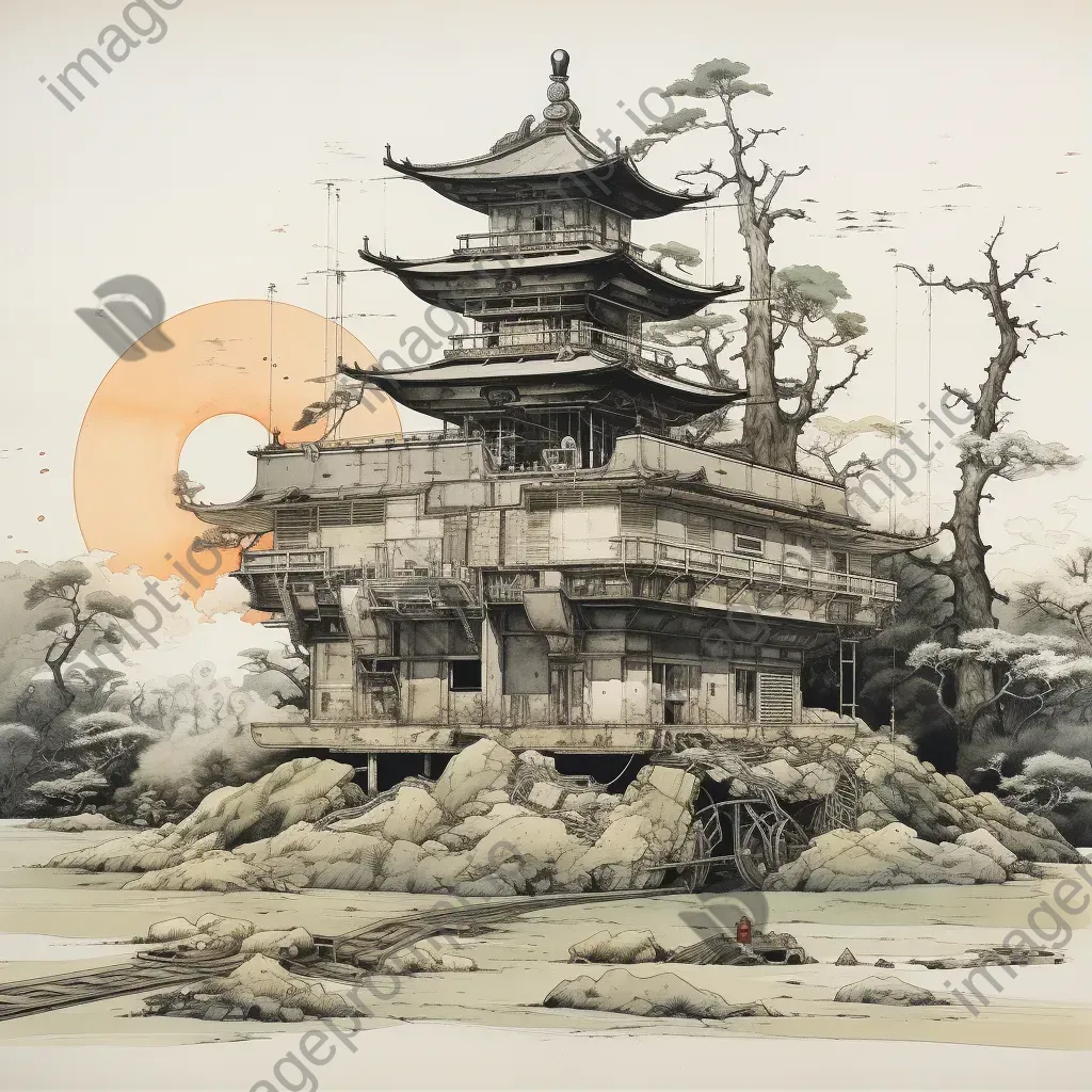 Ink wash painting of a shrine built on a tank