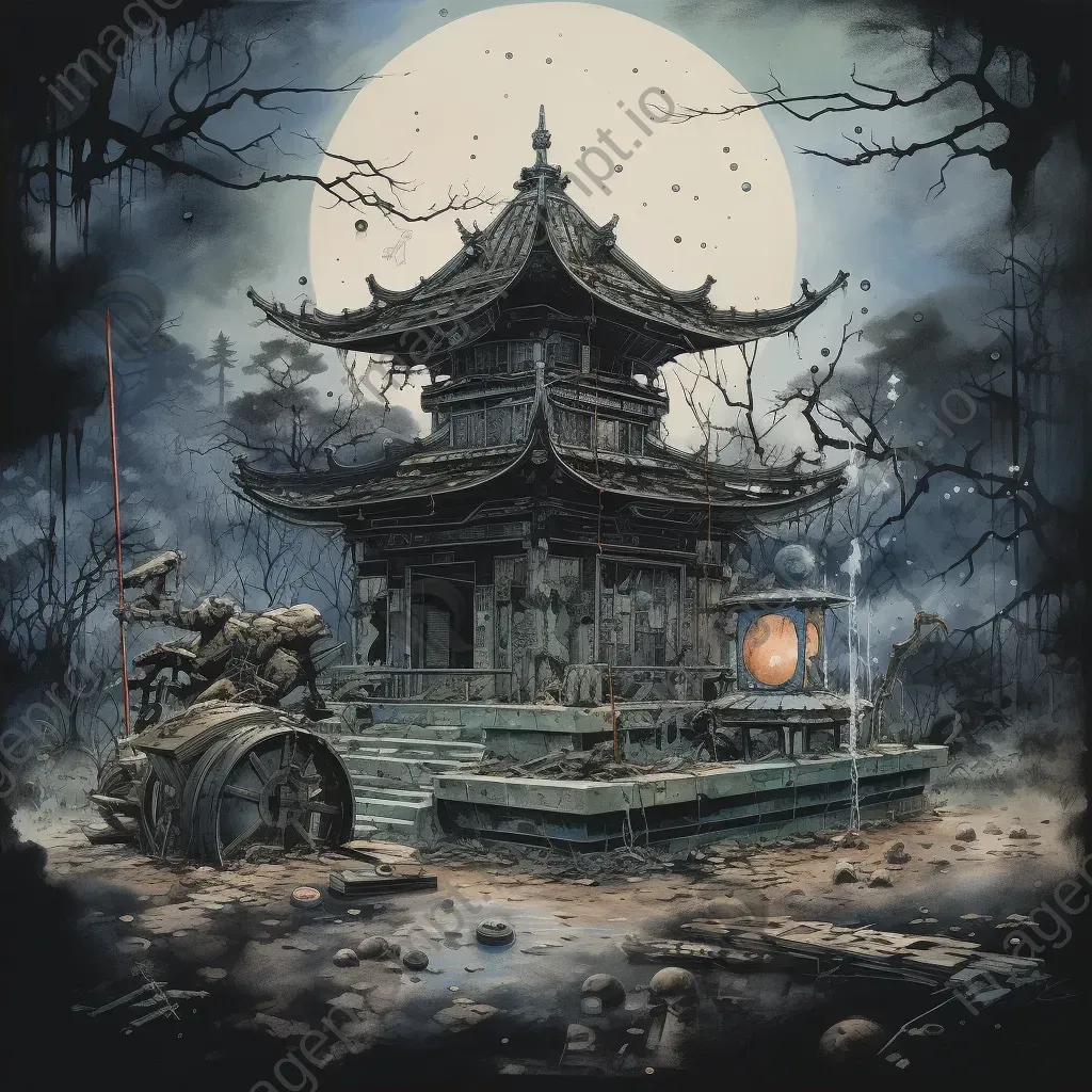 Ink wash painting of a shrine built on a tank