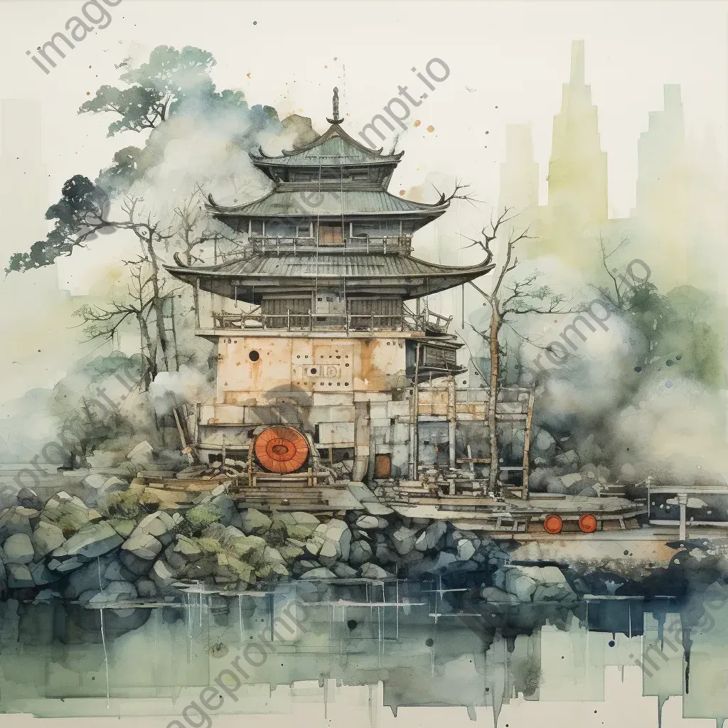 Ink wash painting of a shrine built on a tank