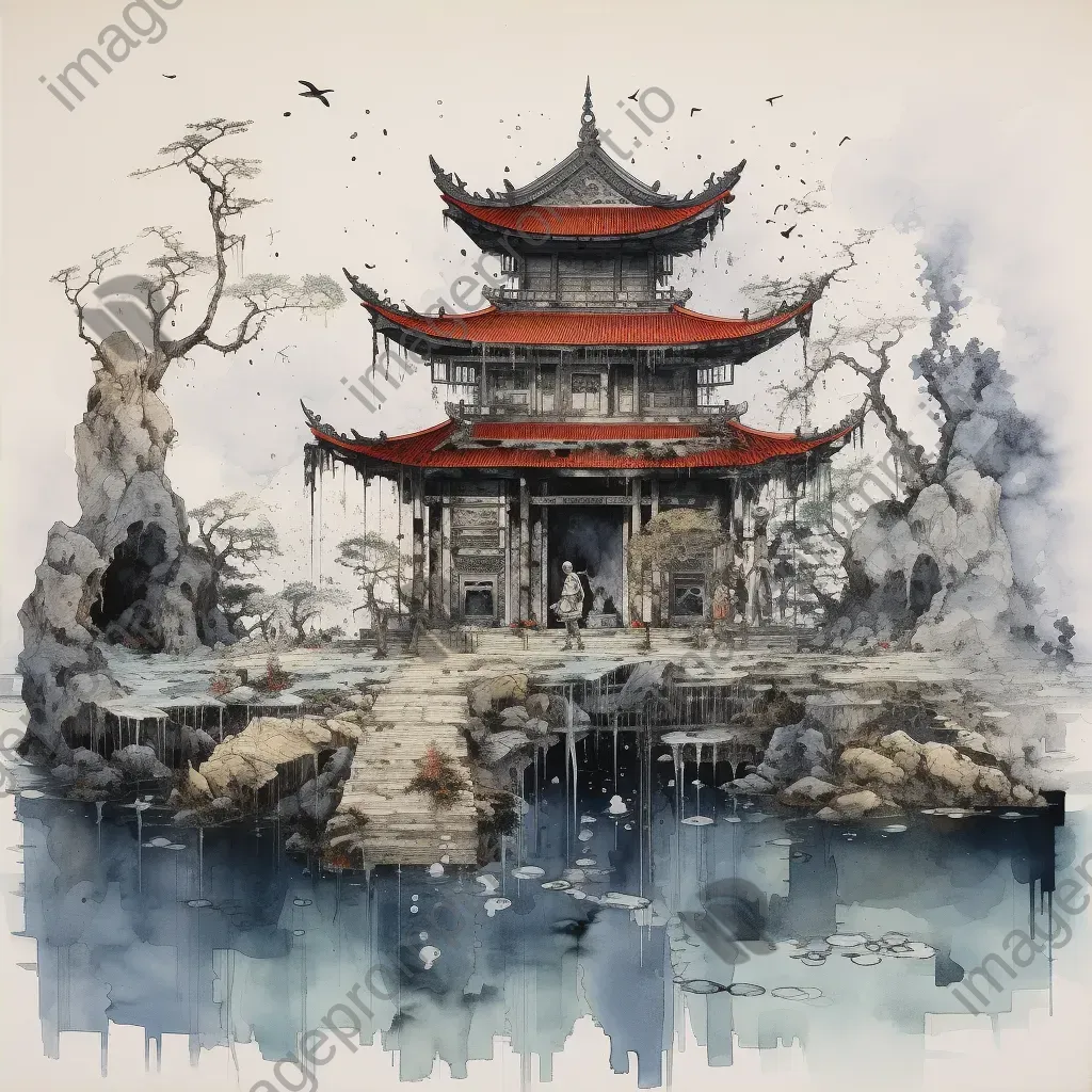 Ink wash painting of a shrine built on a tank