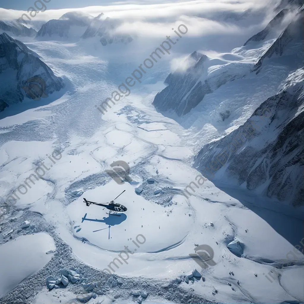 Glacier aerial view with helicopters transporting supplies, icy terrain scene - Image 1