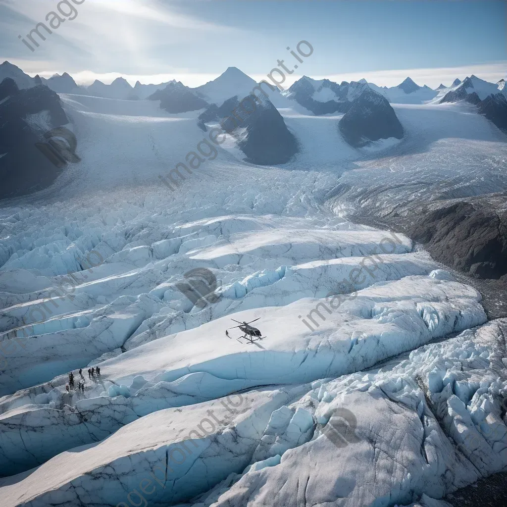 Glacier aerial view with helicopters transporting supplies, icy terrain scene - Image 3