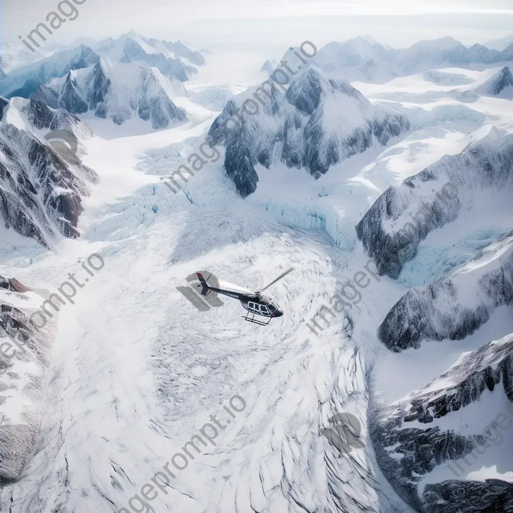 Glacier aerial view with helicopters transporting supplies, icy terrain scene - Image 4