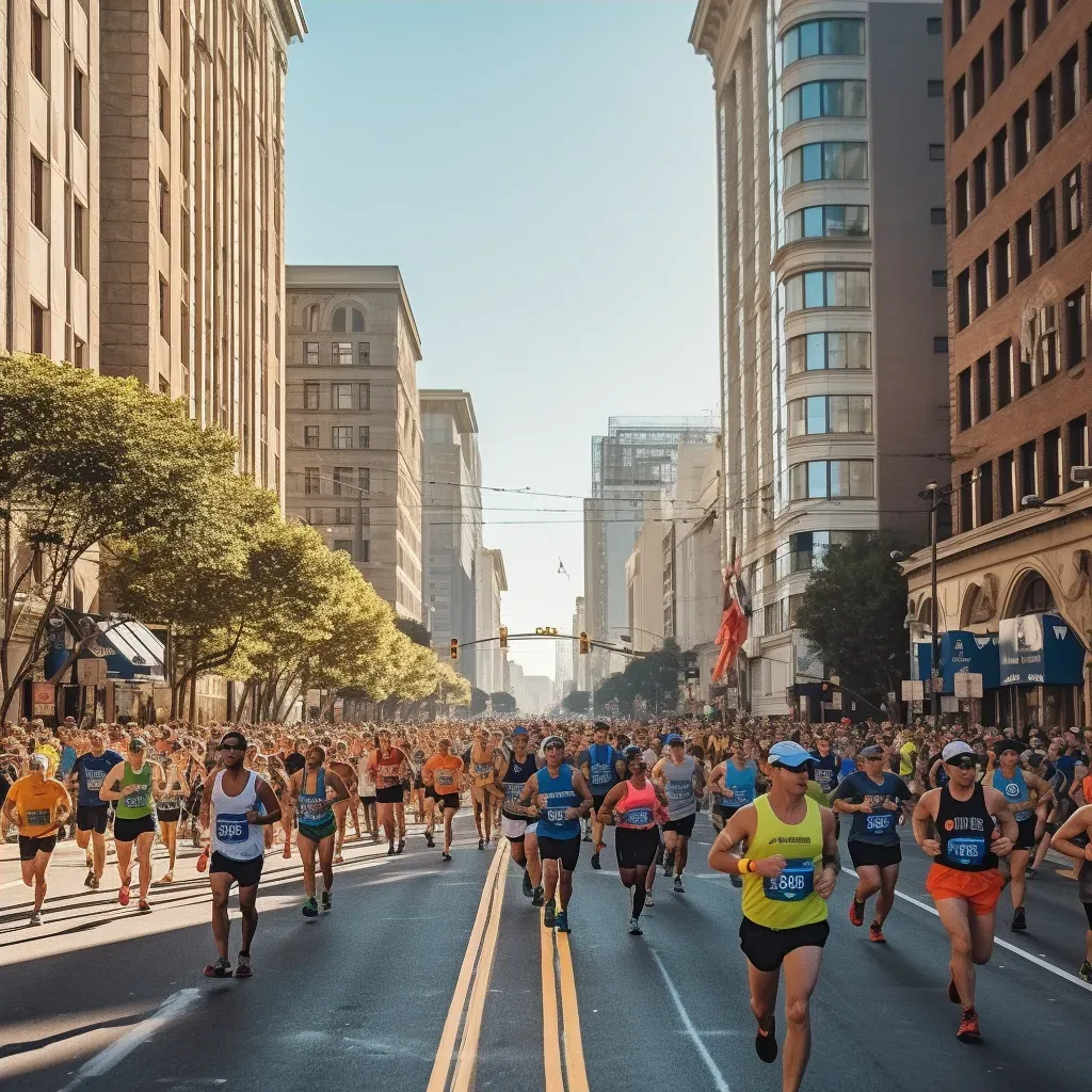 Urban marathon runners racing through city streets with cheering spectators - Image 4