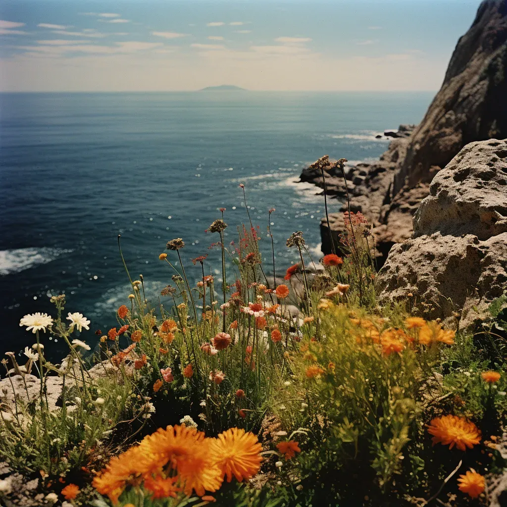 Illustration of colorful flowers on a cliffside overlooking the ocean - Image 1