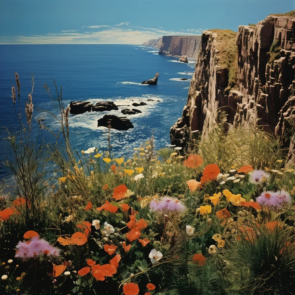 Illustration of colorful flowers on a cliffside overlooking the ocean - Image 2