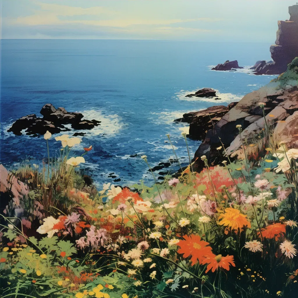 Illustration of colorful flowers on a cliffside overlooking the ocean - Image 4