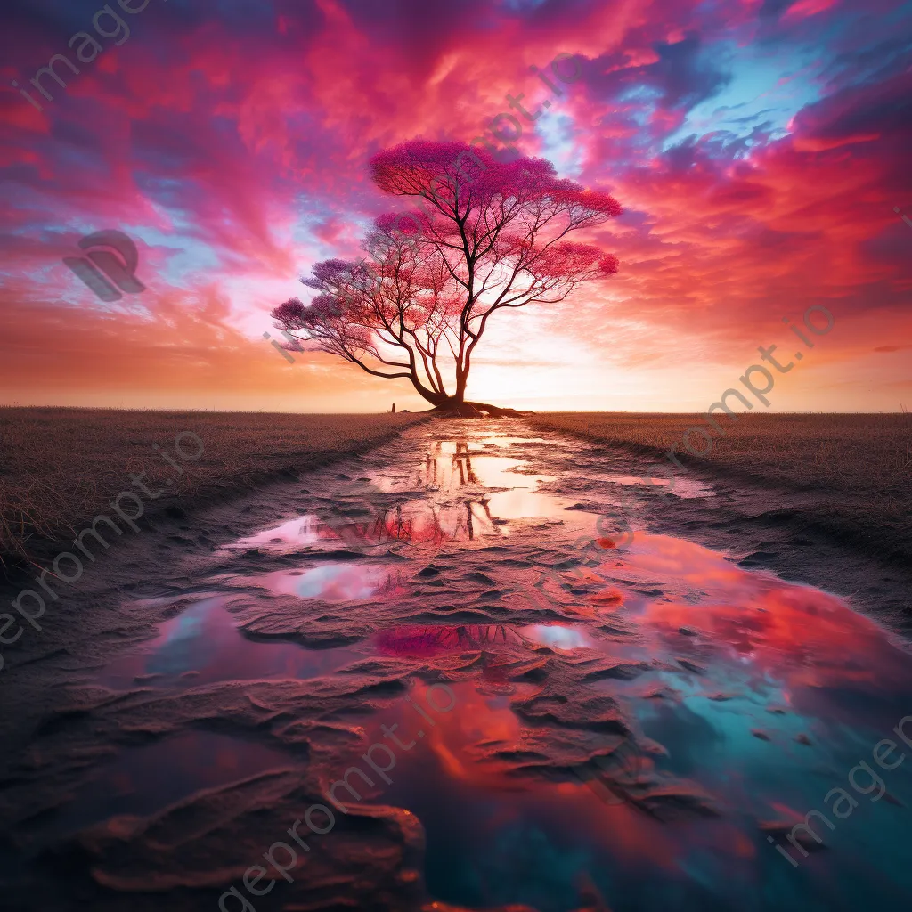 Giant trees resembling paintbrushes with colors spilling onto the ground under a vibrant sky. - Image 1