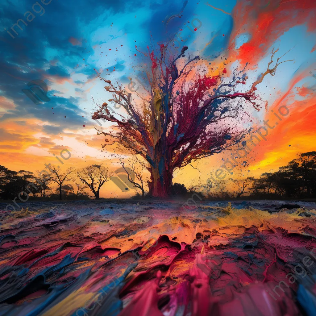 Giant trees resembling paintbrushes with colors spilling onto the ground under a vibrant sky. - Image 2