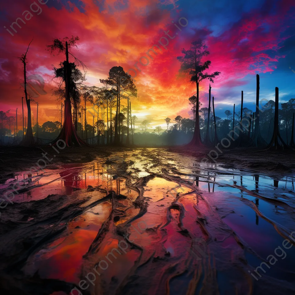 Giant trees resembling paintbrushes with colors spilling onto the ground under a vibrant sky. - Image 3