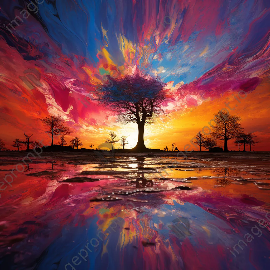 Giant trees resembling paintbrushes with colors spilling onto the ground under a vibrant sky. - Image 4