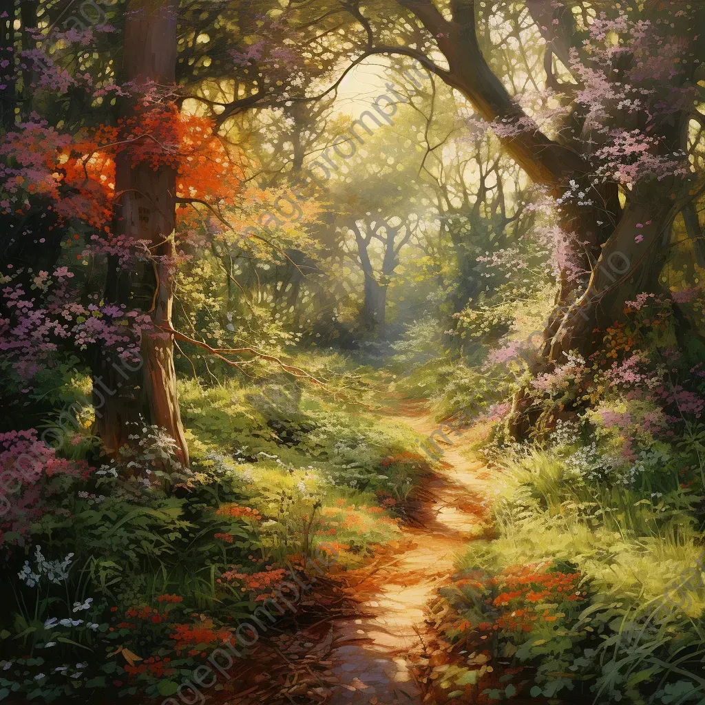 Sunlit forest pathway painted with vegetable and flower-based dyes, inspired by Pre-Raphaelite art - Image 1