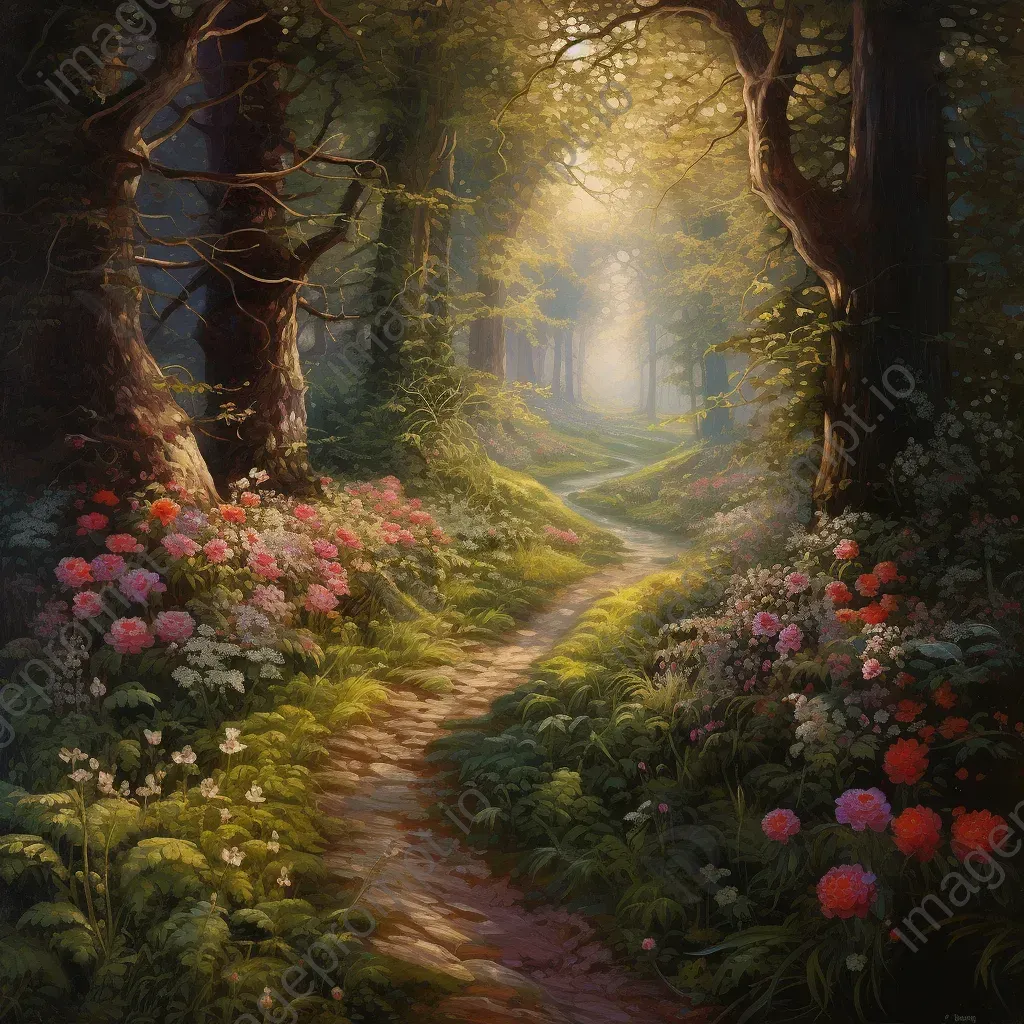 Sunlit forest pathway painted with vegetable and flower-based dyes, inspired by Pre-Raphaelite art - Image 3