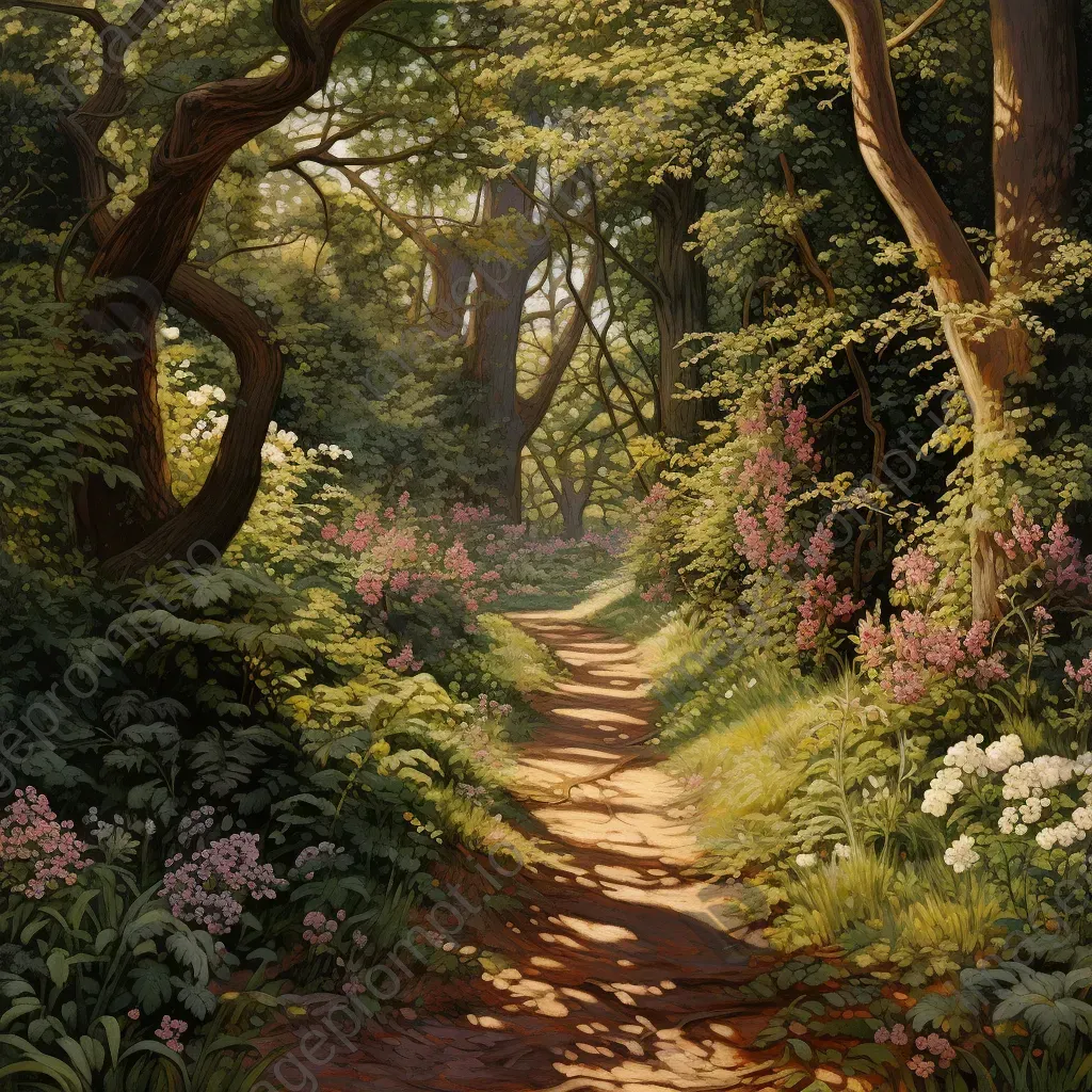 Sunlit forest pathway painted with vegetable and flower-based dyes, inspired by Pre-Raphaelite art - Image 4