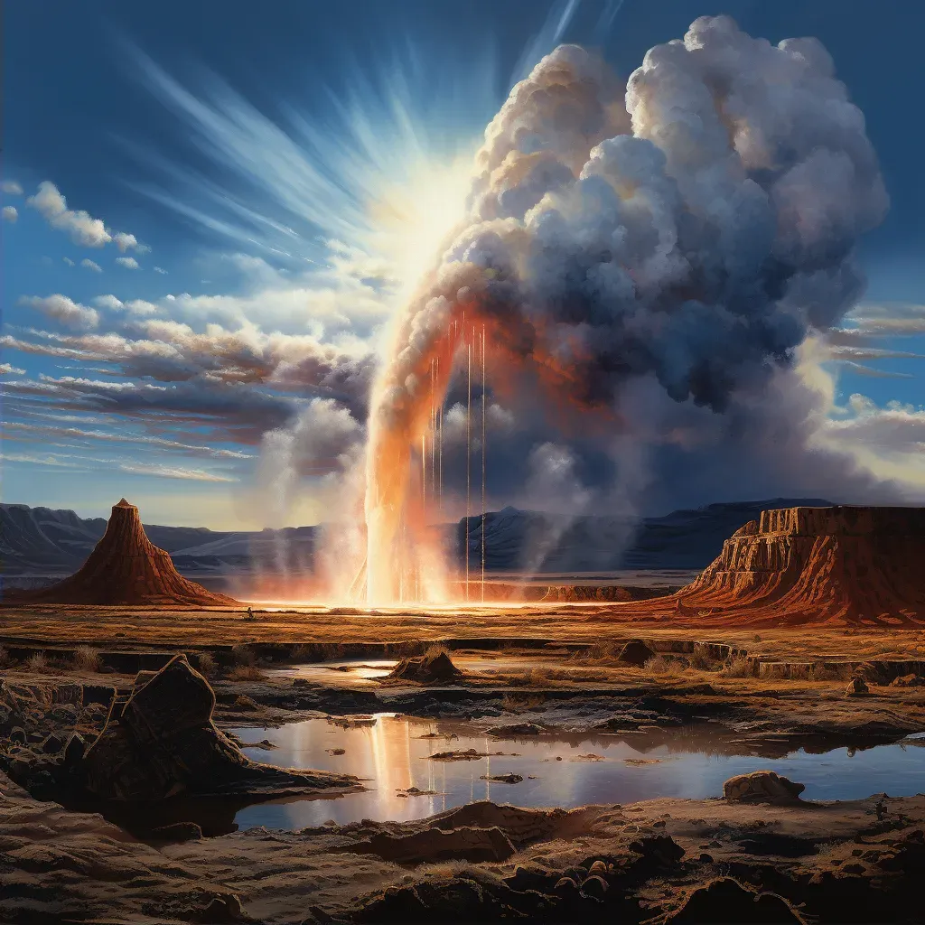 Illustration of a geyser erupting in a barren landscape with steam and hot water shooting high into the air. - Image 2