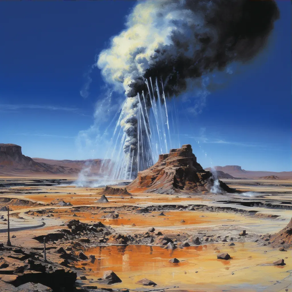 Illustration of a geyser erupting in a barren landscape with steam and hot water shooting high into the air. - Image 3