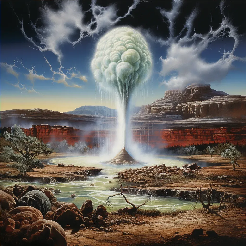 Illustration of a geyser erupting in a barren landscape with steam and hot water shooting high into the air. - Image 4